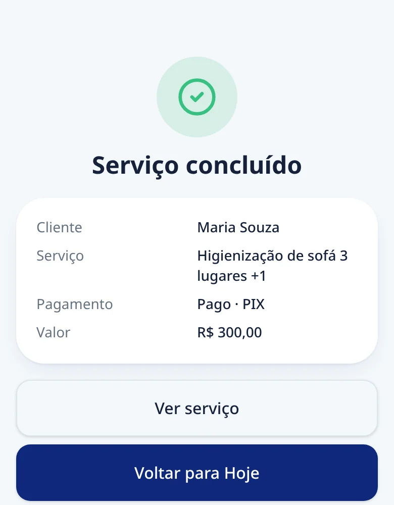 Serviço concluído no EstofaControl com resumo e pagamento