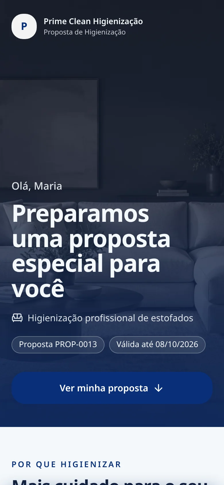 Proposta digital do EstofaControl aberta no celular