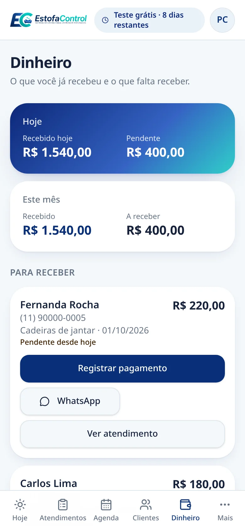 Tela Dinheiro do EstofaControl mostrando pagamentos recebidos e pendentes