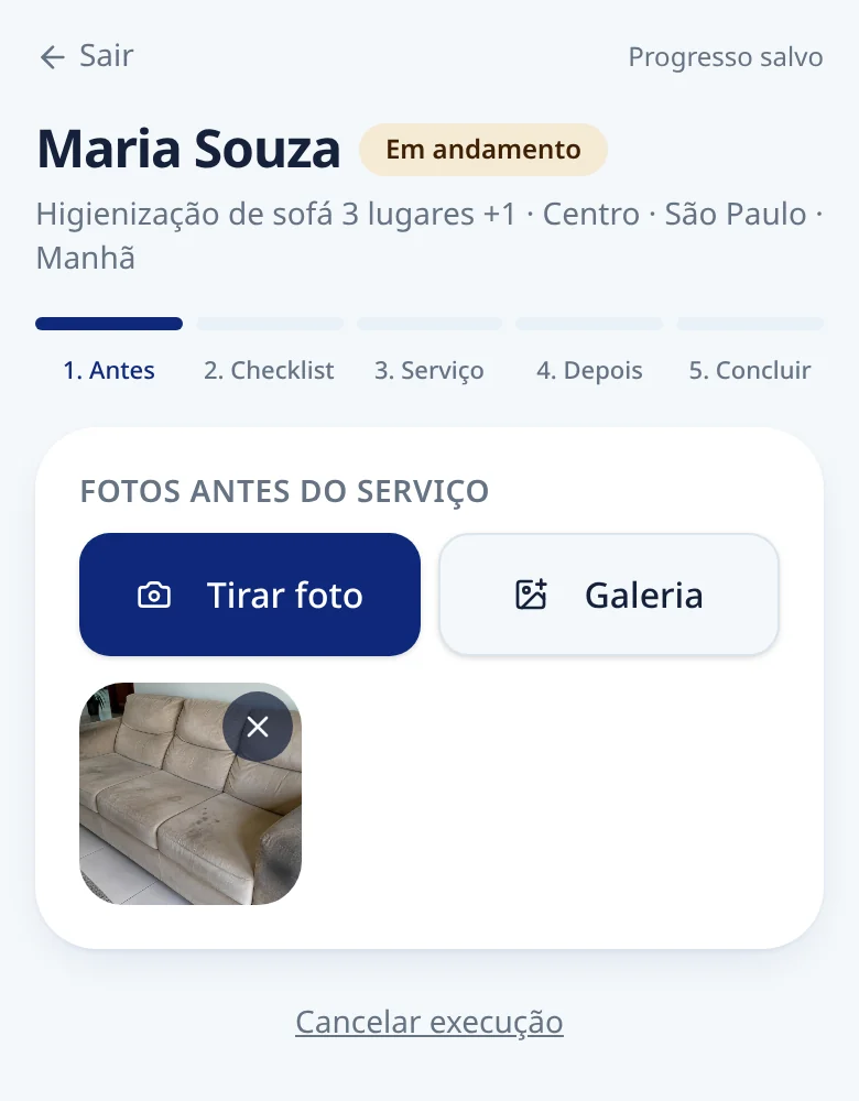 Etapa Antes da execução no EstofaControl com foto do estofado