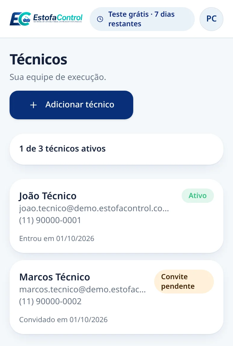 Tela de Técnicos do EstofaControl com técnico ativo e convite pendente